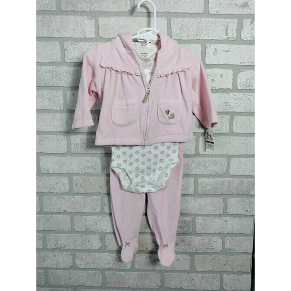 🆕CARTER'S Infant Girls 3 Pc Outfit Shirt Hoodie+Pants Floral Print Size 6 Month - Picture 1 of 9